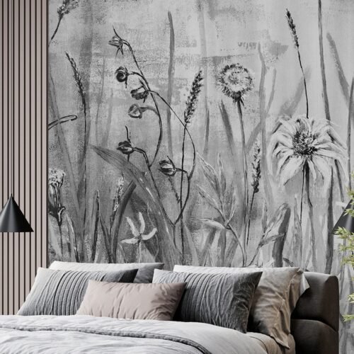 Papier peint Cold Flowers en gris, noir et blanc pour mur