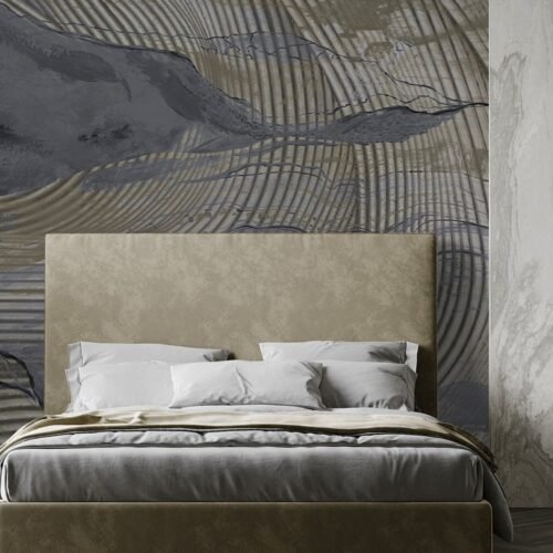 Papier peint Wavy Lines 3 en gris et bleu sur mur propre et sec