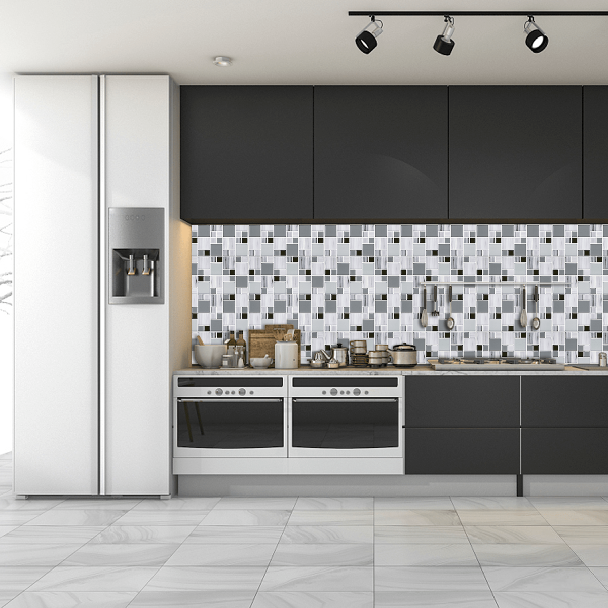 Lot de 20 Carreaux 3D Auto-Adhésifs couvrant 5,16 m²- Mosaïque en Tons Gris et Blanc — vue ambiance