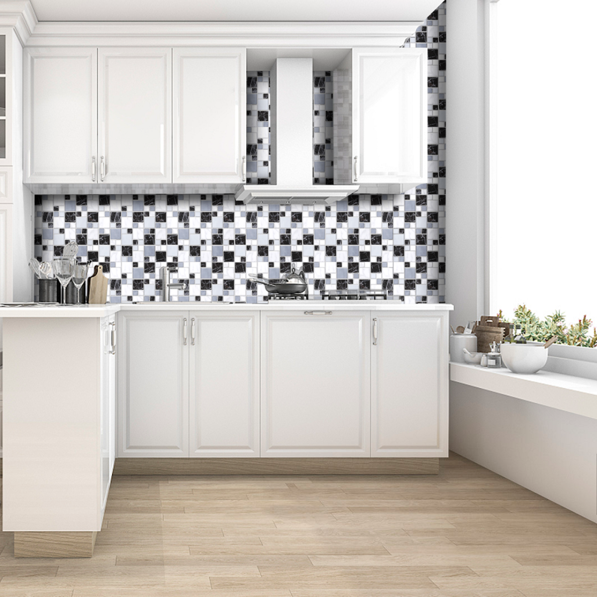 Lot de 20 Carreaux 3D Auto-Adhésifs couvrant 5,16 m² - Mosaïque en Tons Gris et noir — vue ambiance