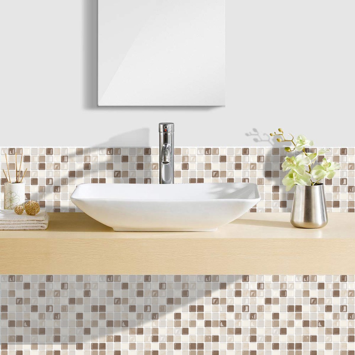 Lot de 20 Packs de Carreaux 3D Auto-Adhésifs couvrant 5,16 m²- Mosaïque dégradé beige élégant — vue ambiance
