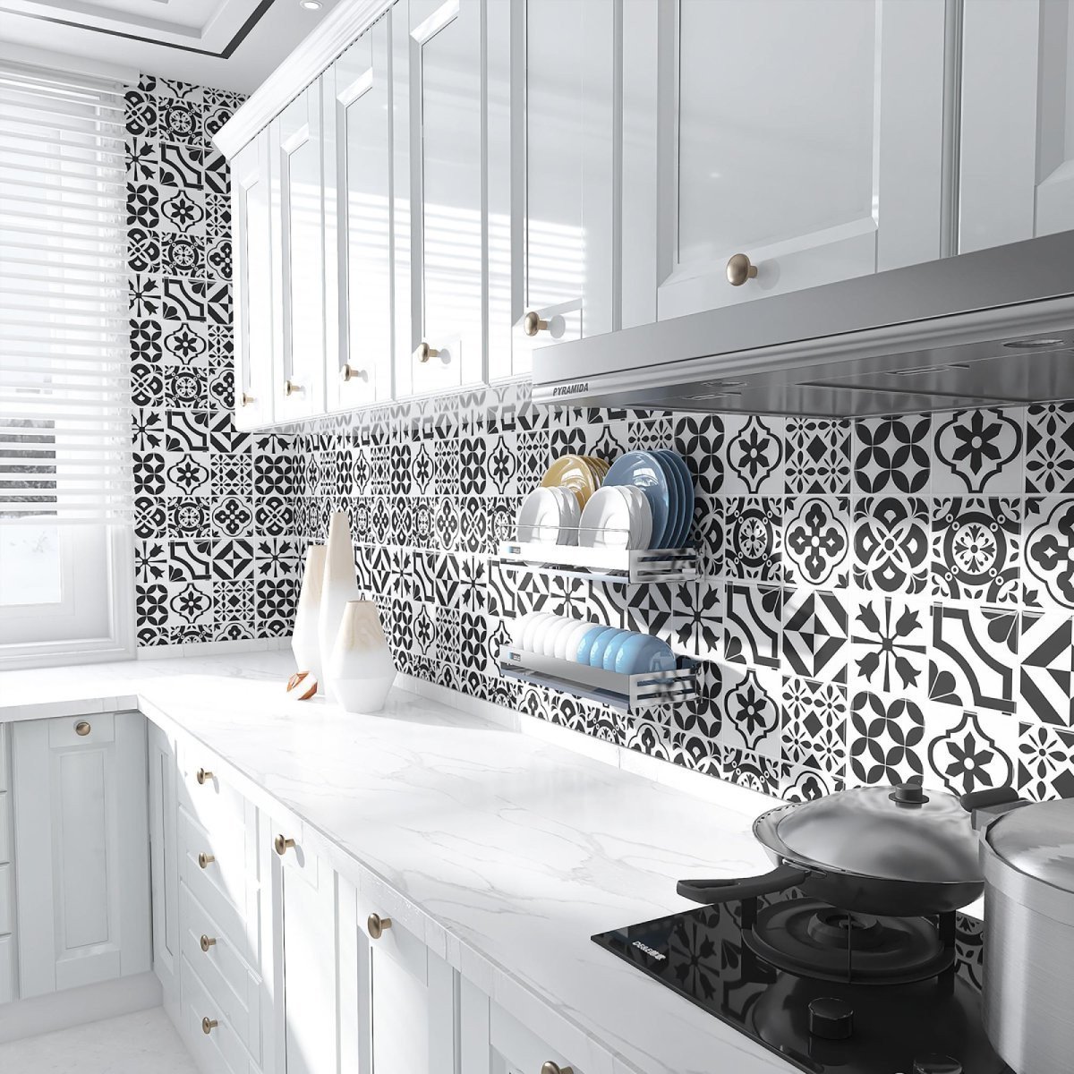Lot de 20 Carreaux 3D Auto-Adhésifs couvrant 7,44 m²- Noir et Blanc au Style Vintage — vue ambiance