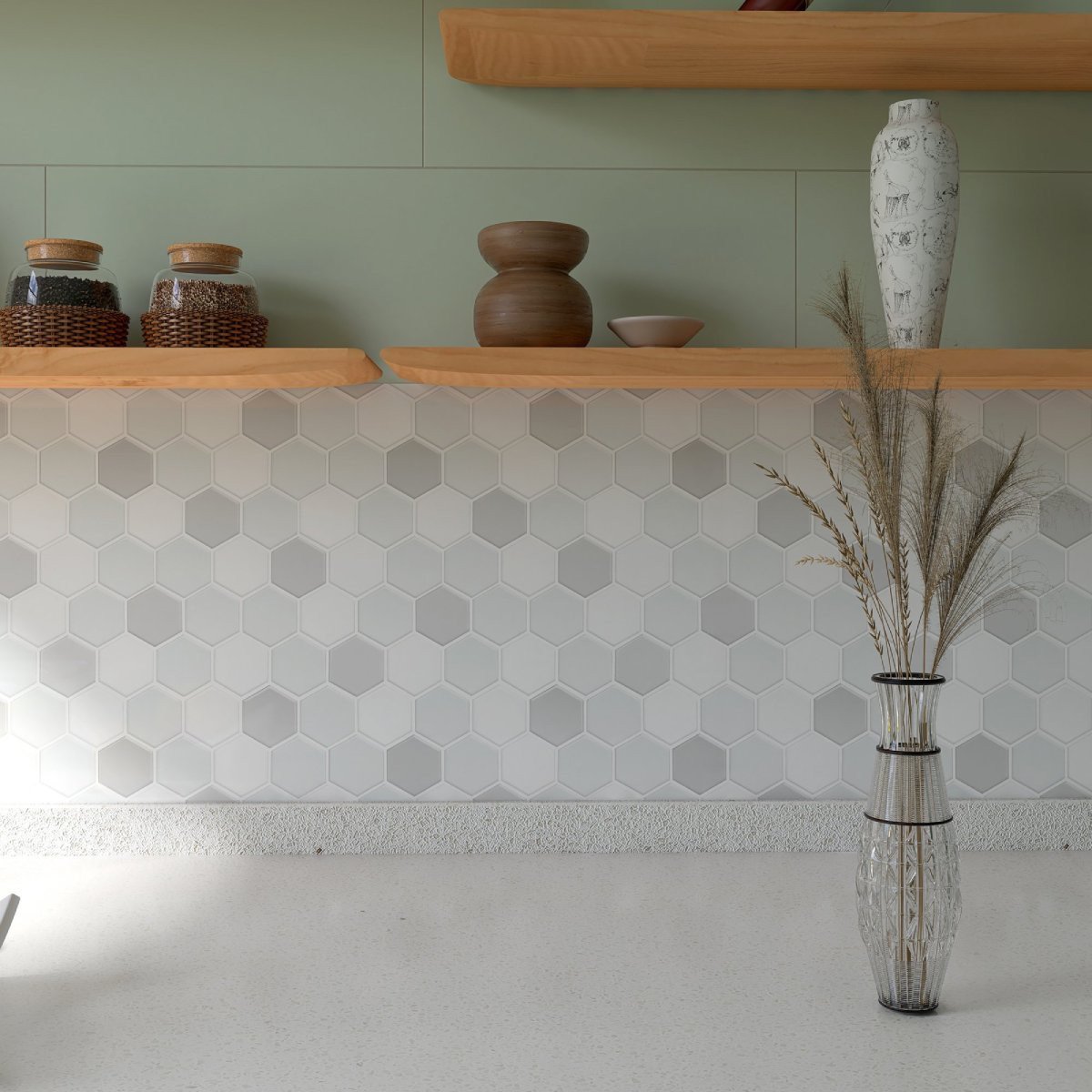 Lot de 20 Carreaux 3D Auto-Adhésifs couvrant 7,44 m²- Mosaïque Hexagonale Effet Marbre Gris Clair — vue ambiance