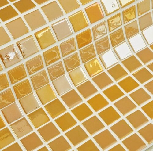 Carrelage en verre S Or brillant, tons or et orange, format 31,5x31,5 cm