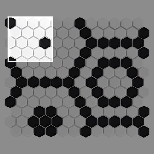Échantillon carrelage mural hexagone noir et blanc motif abeille
