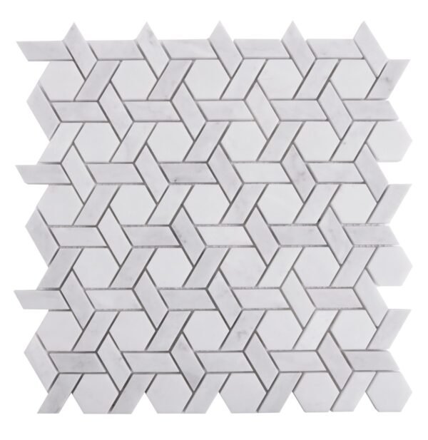 Mosaïque murale en marbre blanc Carrara avec motifs chevrons et hexagonaux