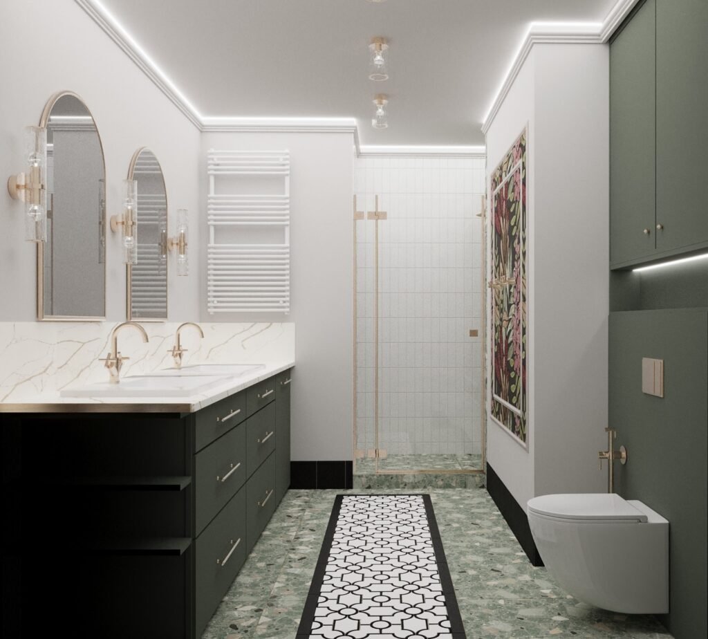Composition mosaïque Carrara White en mise en scène intérieure design