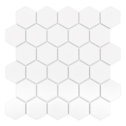 Mosaïque hexagonale grès cérame mat blanc 51 mm posée sur sol