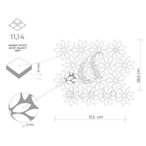 Mosaïque Carrara White Bloom en marbre blanc avec motifs floraux et géométriques