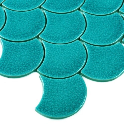 Mosaïque en grès cérame bleu turquoise effet écaille de poisson