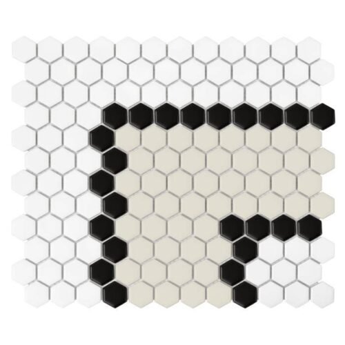 Carrelage grès cérame hexagonal mat en trois teintes : blanc, beige et noir