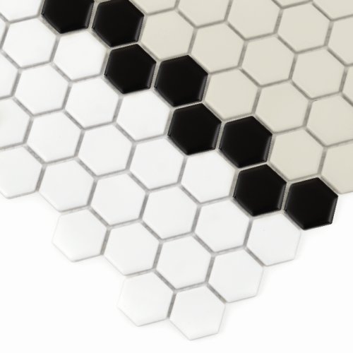 Carrelage grès cérame hexagonal mat en blanc, beige et noir