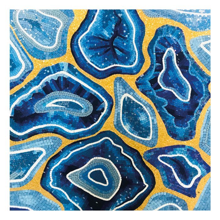 Mosaïque verre Agate bleue 110×110 cm, signature artistique