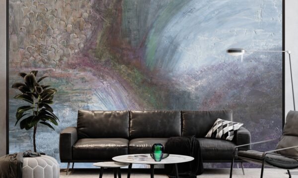 Papier peint Aurora Mist 3 bleu multicolore posé sur mur blanc