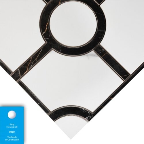 Carrelage grès cérame poli effet marbre noir et blanc avec motifs géométriques