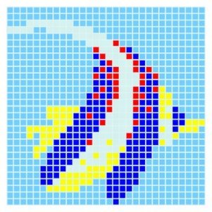 Mosaïque en verre de quartz poisson Q blanc bleu jaune