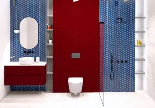 Grès cérame bleu nuit brillant, motif chevron géométrique