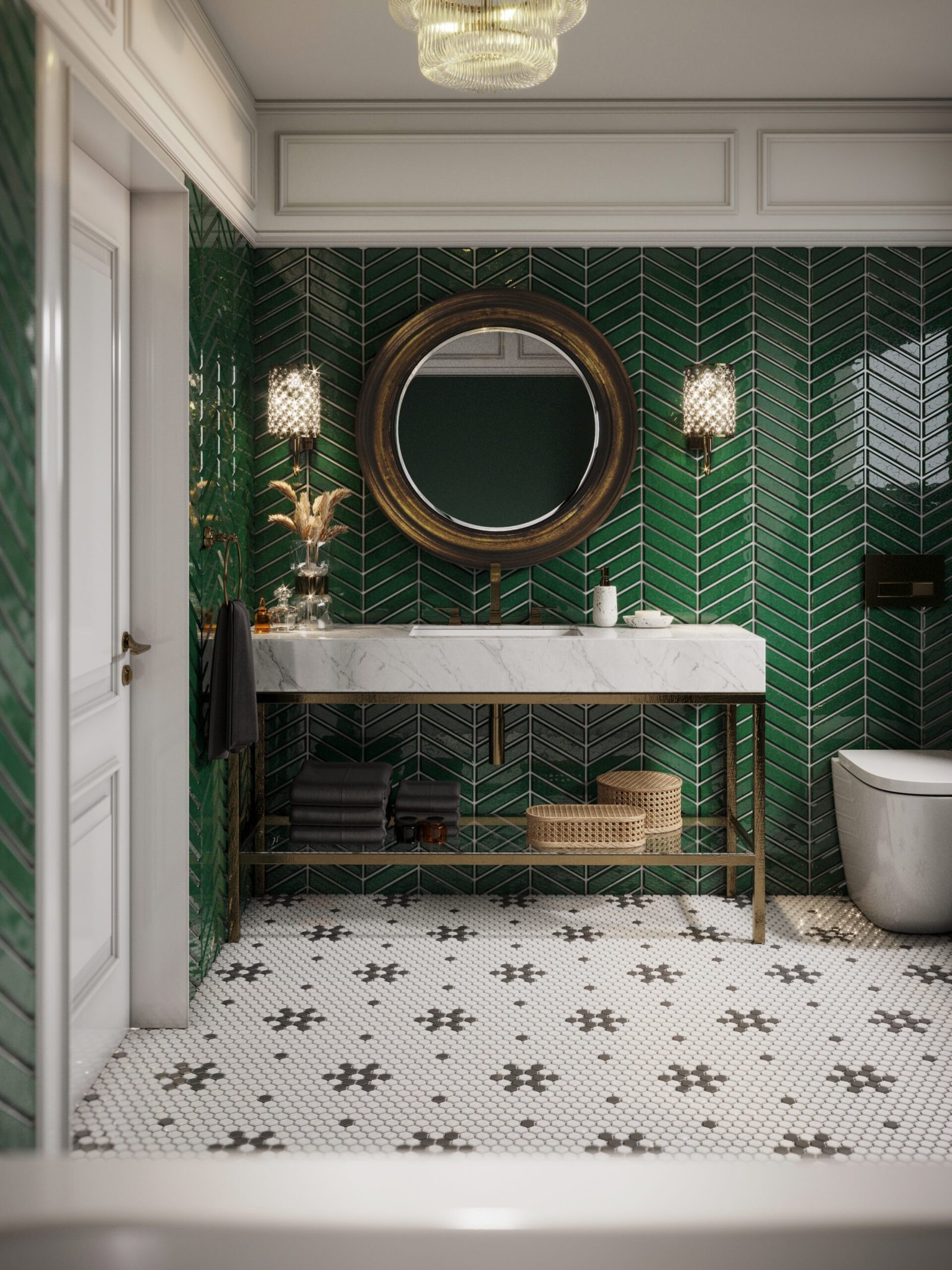 Mosaïque grés cérame chevron vert intérieur — vue ambiance