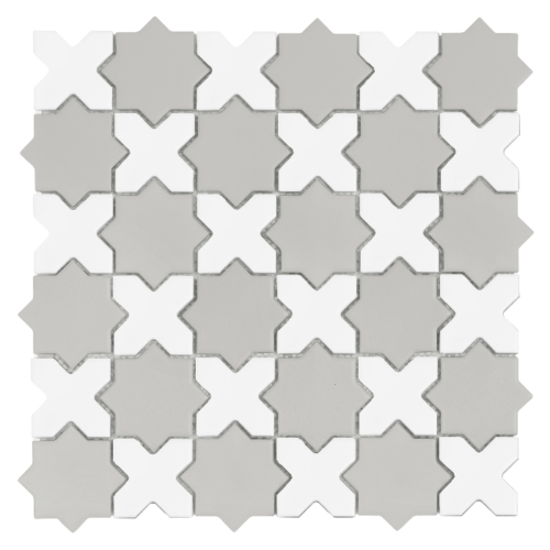 Mosaïque grés cérame mat blanc gris motif croix étoilée