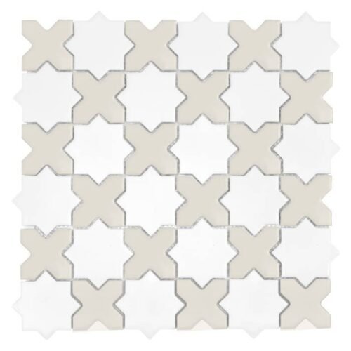 Carrelage grés cérame blanc beige gris motif croix étoilée mat