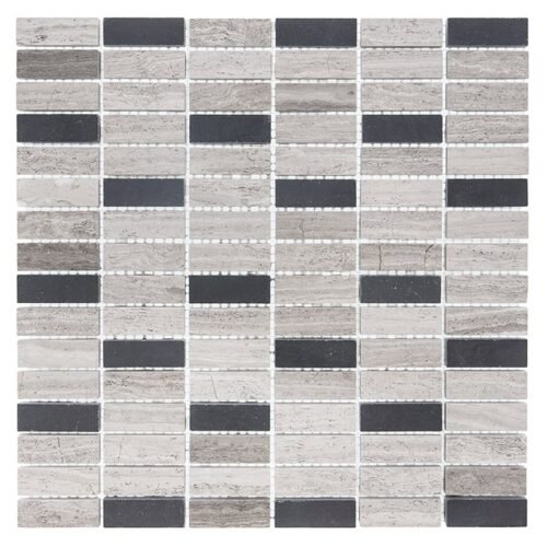 Carrelage marbre mosaïque Woodstone Grey Block Mix 48, gris, motif géométrique, poli