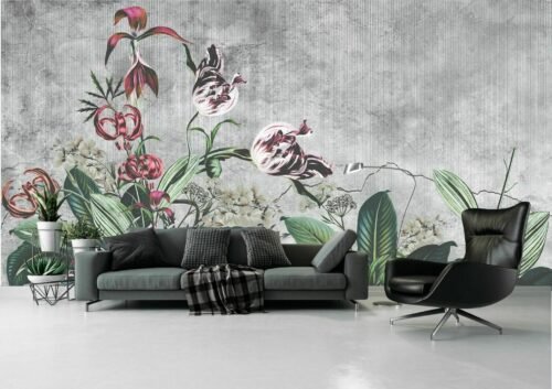 Papier peint Urban Garden aux motifs floraux sur fond béton