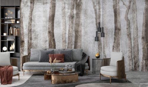 Papier peint Woody avec motif forêt et fond béton
