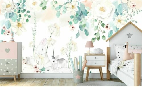 Papier peint Why So Cute avec lapins aquarellés et motifs floraux