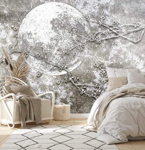 Papier peint Full Moon avec cerisiers japonais et pleine lune