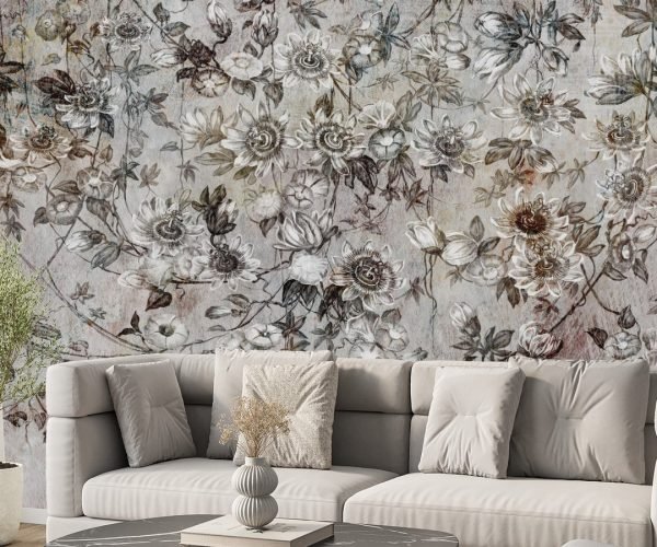 Papier peint Passiflora, gris marron et multicolore