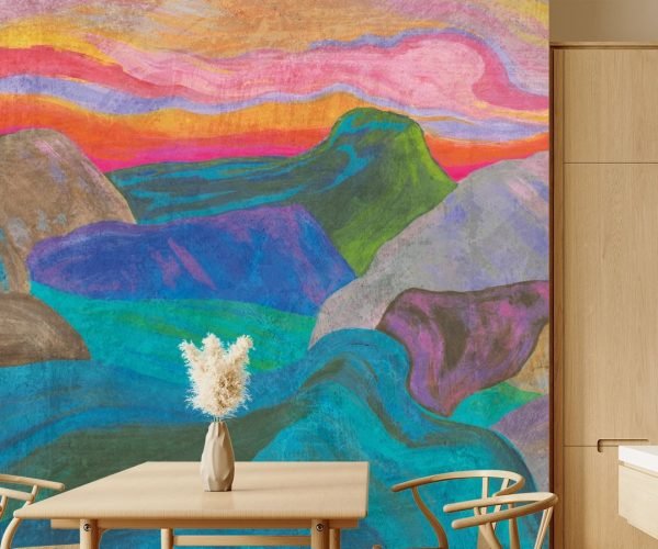 Papier peint Stone Flow, bleu vert rose multicolore